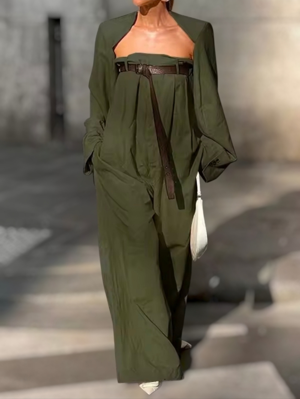 Strapless Wide-Leg Jumpsuit w/ Cinching Accents ▪︎ Curvy ▪︎ Olive ▪︎ XXL - Picture 13 of 15